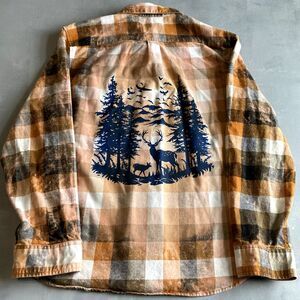 Bleached Flannel Shirt Mens XL Deer Buck Outdoor Theme Plaid Nature Lover‎